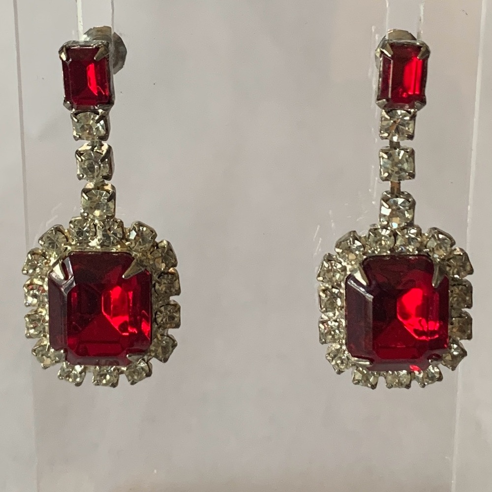 Rhinestone Red and Silver Drop Earrings